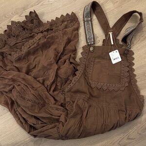 NWT Free People Trails End Maxi Skirtall Size S Brown Boho Overall Maxi Dress